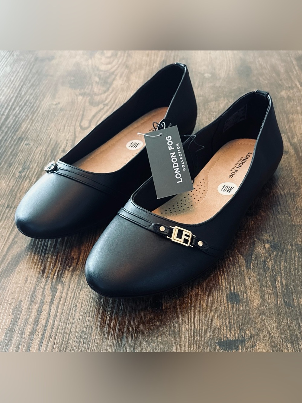 London Fog Black Women's Slip-On Ballet Flats w/ Gold Accent size 10W   NWT